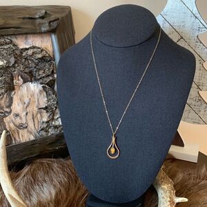 Vintage Gold-Tone Tear Drop Pendant with Tigers Eye Gem Stone on Delicate Chain